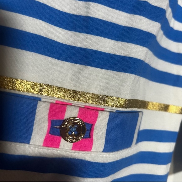 Lilly Pulitzer Lena Tiki Dress Striped Lapis Blue Pink White Gold Buttons Small - Picture 11 of 14